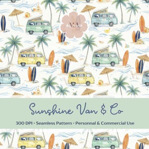 Puede incluir: Un patrón continuo con ilustraciones en acuarela de furgonetas amarillas y verde claro, palmeras, tablas de surf, sombrillas de playa y castillos de arena sobre fondo blanco. El texto dice Sunshine Van & Co, 300 DPI, Seamless Pattern, Personnal & Commercial Use.
