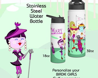 Personalized Lady Golfer Stainless Steel Water Bottle, Golf tournament gift, Gift for Lady golfer, The Birdie Girl Custom Golf Water Bottle