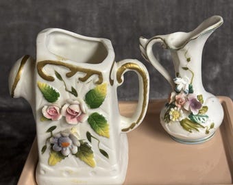 2 VTG Hand Painted Raised Flower Vases Ceramic Bisque Mini Vases Collectible