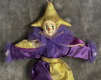VTG  Porcelain Clown Doll Tree Ornament Purple Gold Mardi Gras Wall Decor Rare