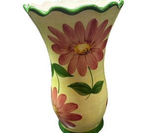 Hand Painted In Portugal PLANTER/VASE/ Flowers 8.5 Green W/Pink Flowers