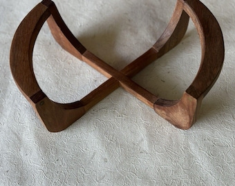 VTG Mid Century Modern Glass Bowl Teak Wood Cradle STAND Rack BASE ServingStand