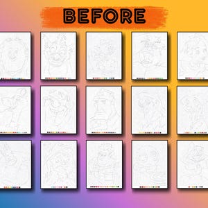 May include: A collection of framed paint-by-number canvases featuring various cartoon characters. Each canvas displays a detailed outline of a character with a corresponding color palette at the bottom. The word "BEFORE" is written in black letters at the top.