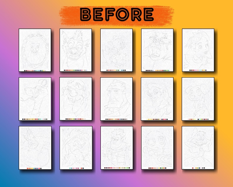 May include: A collection of framed paint-by-number canvases featuring various cartoon characters. Each canvas displays a detailed outline of a character with a corresponding color palette at the bottom. The word "BEFORE" is written in black letters at the top.