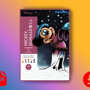 Puede incluir: Un libro para colorear de Disney titulado "Mickey, Donald & Co" con Mickey Mouse en una escena invernal. La portada tiene el texto "Coloriages mystères" y "Art Thérapie". El libro tiene un icono PDF y un icono de descarga.