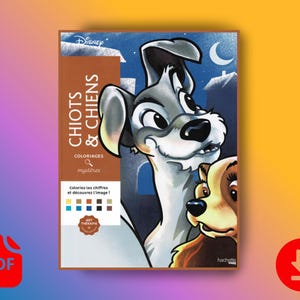 Può includere: Un libro da colorare Disney intitolato "CHIOTS & CHIENS" con illustrazioni di due cani dei cartoni animati. La copertina presenta il logo Disney e la scritta "COLORIAGES mystères". Il libro ha il dorso marrone e lo sfondo blu.
