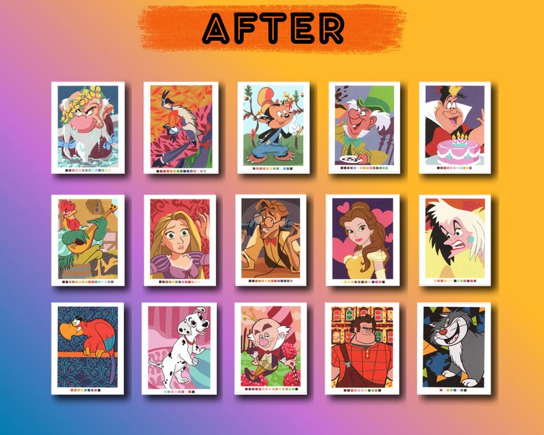 May include: A collection of colorful illustrations of various cartoon characters, each framed in white. The word "AFTER" is displayed in orange at the top. The characters include a variety of animated figures, each with unique designs and expressions.