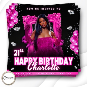 21st Birthday Party Flyer: Glam Pink Invitation, Editable Canva Template