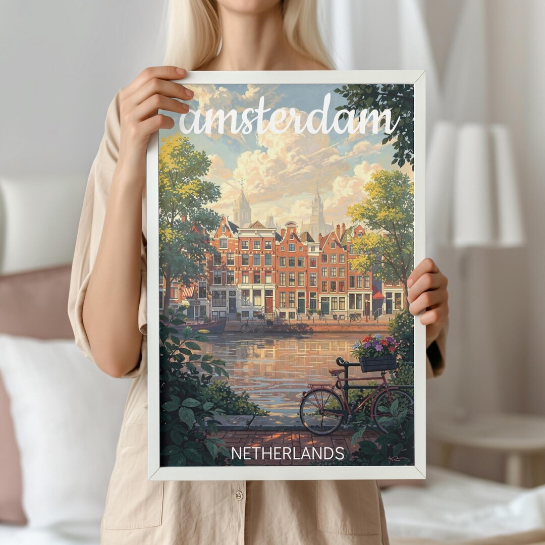 Amsterdam Netherlands Travel Poster, Framed Skyline Wall Art Print ...