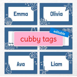 Classroom Cubby Tags | Ocean Sea & Shell Themed | Editable