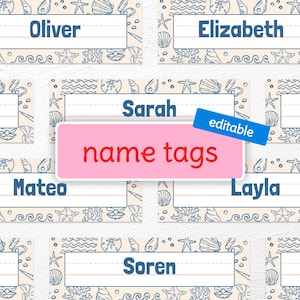 May include: Name tags with a beach theme. Each tag has a white space for a name, bordered by a light beige background with blue seashell and starfish illustrations. The words "name tags" are in red on a pink rectangle.