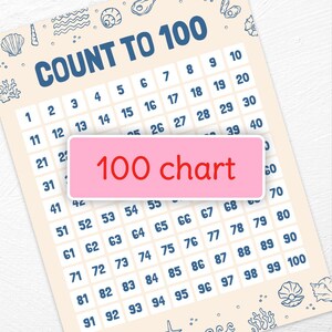 May include: A beige educational poster with the text "COUNT TO 100" in blue. A pink rectangle reads "100 chart". The chart contains numbers 1-100 in a grid. Decorative seashell and wave illustrations are in the corners.