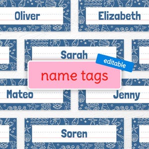 Classroom Name Tags | Ocean Sea & Shell Themed | Editable