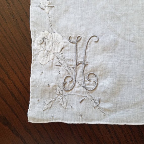 Grey 'H' Initial Embroidered Cotton Handkerchief,… - image 2