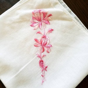 Pink Rose Spray Embroidered Cotton Handkerchief, Vintage Handkerchief, Spring Wedding Accessory, Rose Hankie