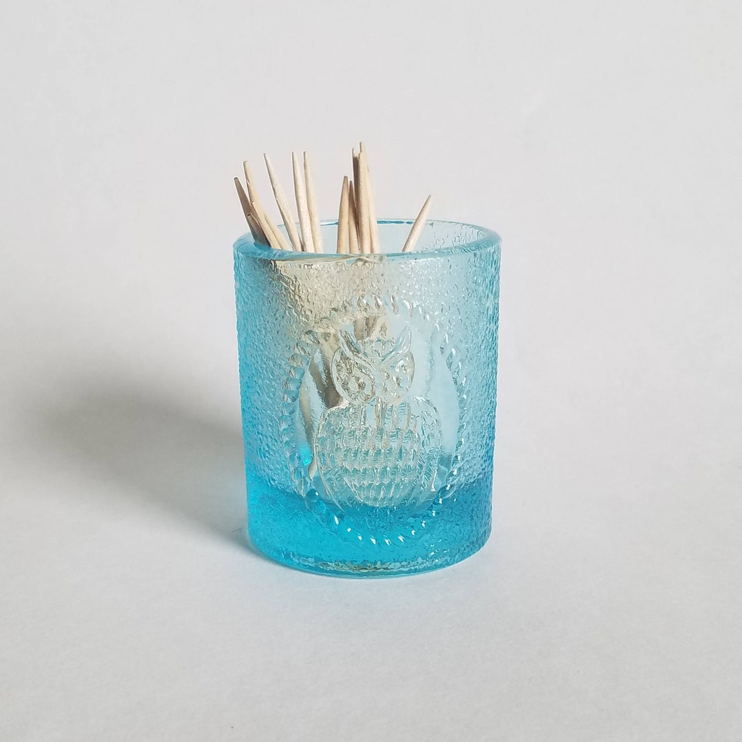 Blue Owl Pressed Glass Toothpick Holder, Glass Owl Matchstick Holder