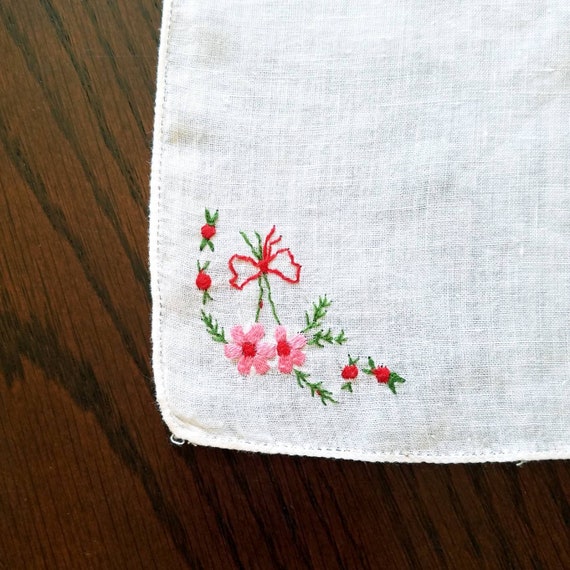 Pink Flower Posey Figure Embroidered Cotton Handk… - image 4