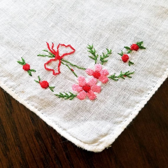 Pink Flower Posey Figure Embroidered Cotton Handk… - image 1