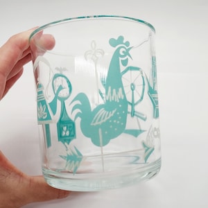 Hazel Atlas Teal Rooster Sour Cream Glass Container, Hazel Atlas Packer Jar, Hazel Atlas Spinning Wheel Jar, Hazel Atlas Collectible