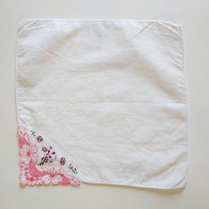 Pink and Purple Flower Embroidered Cotton Handkerchief, Vintage Handkerchief, Spring Wedding Accessory, Pink Flower Hankie
