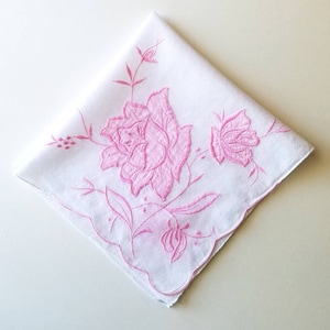 Pink Rose Embroidered Cotton Handkerchief, Vintage Handkerchief, Spring Wedding Accessory, Rose Hankie