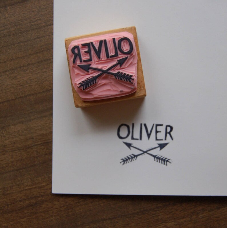 Custom Name and Crossed Arrows Stamp 1.5 inches Hand Carved Small, Simple Rubber Stamp with Any Name image 1