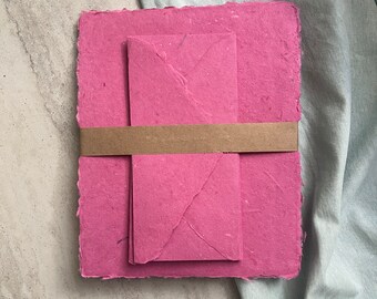 Stationery Set - Magenta Pink Handmade Paper with Pointed Flap Envelopes