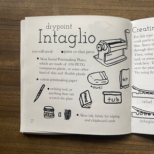 May include: A black and white illustration of a drypoint intaglio process. The illustration shows the tools and materials needed for the process, including a pasta or class press, a printmaking plate, a cotton printmaking paper, an etching tool, Akua ink, fabric for wiping, and chipboard cards. The text "drypoint Intaglio" is written in large letters at the top of the illustration.