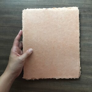 May include: A sheet of handmade paper with a textured surface and a light peach color.