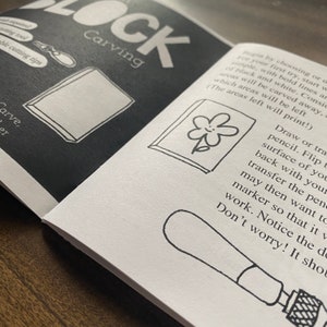 May include: A black and white illustration of a flower with a happy face. The text "Draw or trace pencil. Flip the surface of your block with your transfer the pencil. You may then want to marker so that it work. Notice the detail. Don't worry! It should print!" is written below the illustration.