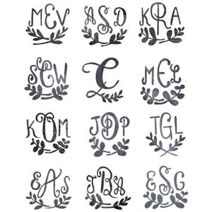 May include: Twelve black and white monogrammed designs with floral accents. Each design features a three-letter monogram with a stylized font and a simple floral wreath.