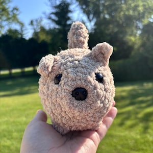May include: A small, round, beige crochet plush toy shaped like a dog. The toy features a textured, fuzzy yarn surface, two small upright ears, a short tail, two smooth black plastic eyes, and a small black plastic nose centered on the face.