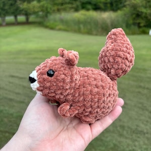 May include: A small, plush, crocheted squirrel toy made from soft, dusty rose-colored yarn. The squirrel features a rounded body, a prominent upright tail, small ears, and a white muzzle with a black stitched nose and black plastic eyes.