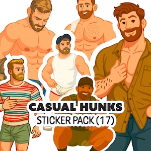 Puede incluir: Un paquete de pegatinas con ilustraciones de dibujos animados de hombres musculosos con ropa informal. Las pegatinas muestran hombres con camisetas sin mangas, pantalones cortos y camisas abiertas. El texto "CASUAL HUNKS STICKER PACK (17)" está visible.