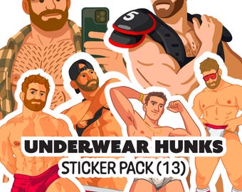 Underwear Hunks Sticker Pack | Sexy Male Illustration PNGs | Gay Digital Stickers | Adult Canva Clipart Set