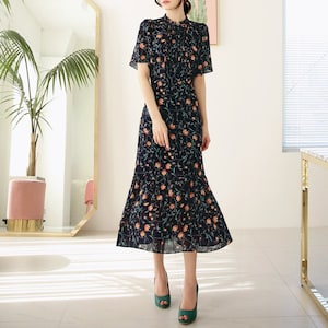 Floral Chiffon Long Dress / Short Sleeve Spring Summer Side Slit Dress / Korean Style Feminin Midi Dress / Plus Size Dress