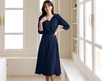 Elegant Feminin Flare Dress with Belt / Korean Style Belt Point Midi Dress / Spring Summer V Neck Dress