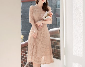 Half Sleeve Floral Pattern Lace Flare Dress / Korean Style Flower Lace Midi Dress / Luxury wear Elegant Dress