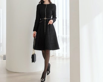 Luxury Elegant Black Tweed Mini Dress with Belt / Korean Style Winter Mini Flare Dress / Luxury wear Elegant Black Dress