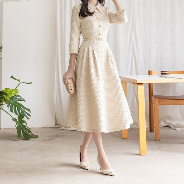 Classic Feminin Collared Neck Flare Dress with Belt, Korean Style 3/4 Sleeve Luxury Party Dress / Elegant Unique Bridal Dress