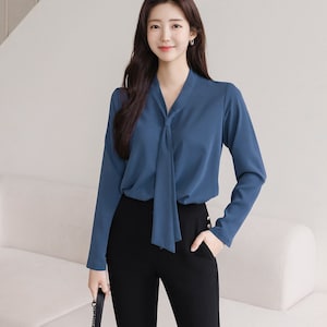 Modern Chic Long Sleeve Tie Neck Blouse / Korean Style Luxury Feminine Women Clothes / Stylish Office Look Top / Everyday Soft Blouse image 1