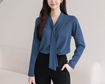 Modern Chic Long Sleeve Tie Neck Blouse / Korean Style Luxury Feminine Women Clothes / Stylish Office Look Top / Everyday Soft Blouse