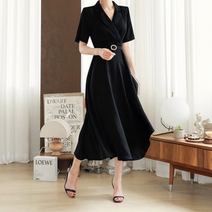 Black draped Midi Dress / V-neck Spring Summer Long Dress / Korean Style Women Dress / Elegant Feminin Dress