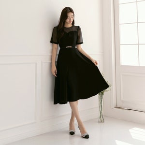 See-Through Sleeve Simple Feminine Black Dress / Korean Style Women Flare Dress / Elegant Black Dress / Summer Midi Dress image 1