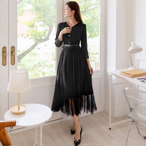 Elegant Feminin 3/4 Sleeve Dress with Belt / Korean Style Blouse and Lace Skirt for One-piece Dress / Modern Chic Long Dress image 1