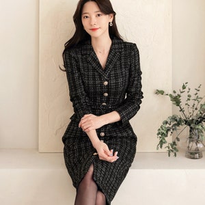 Elegant Tweed Dress with Belt / Korean Style Classic Midi Dress / Luxury wear Elegant Dress in Black image 1
