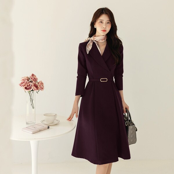 Classic Elegant Tailored Collar Midi Dress with Belt / Korean Style Elegant Feminin Midi Dress / Long Sleeve Chic Luxury Dress