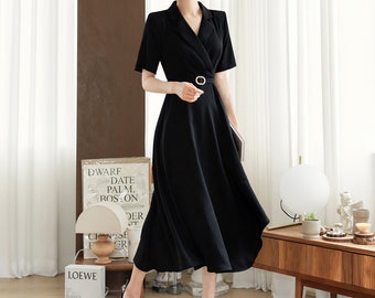 Black draped Midi Dress / V-neck Spring Summer Long Dress / Korean Style Women Dress / Elegant Feminin Dress