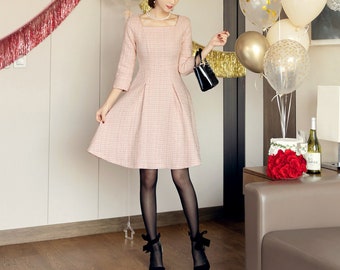 Elegant Classic Tweed Square Neck Flare Dress / Korean Style Feminine Mini Dress / Luxury wear Elegant Party Dress