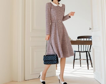 Lovely Feminine Tweed Flare Dress / Korean Style Midi Dress with Long Sleeve / Elegant Pink Dress with Belt